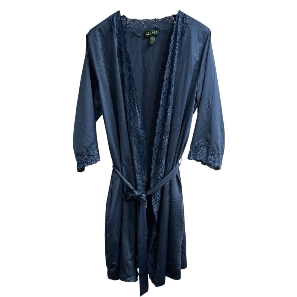 Lauren Ralph Lauren Robe Womens XL‎ Dark Blue Satin Lace Trim Wrap Kimono Lounge